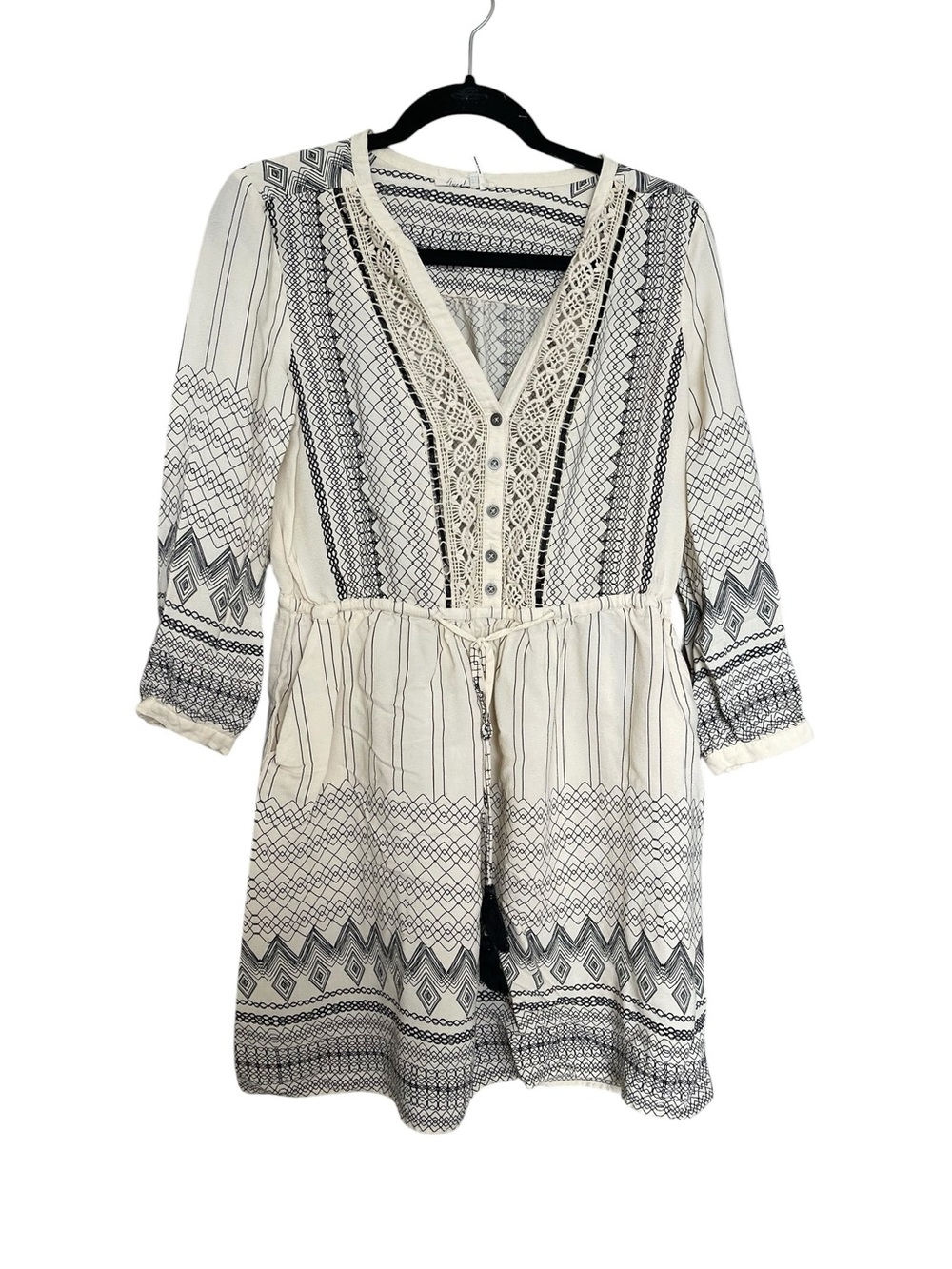Anthropologie Floreat Cream and Black Lace-Trim Boho Long Sleeve Tunic Dress
